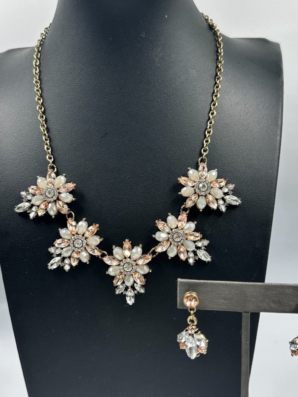 Rhinestone Necklace Earrings Jewelry Set Bronze Tone Peach Beige Statement
